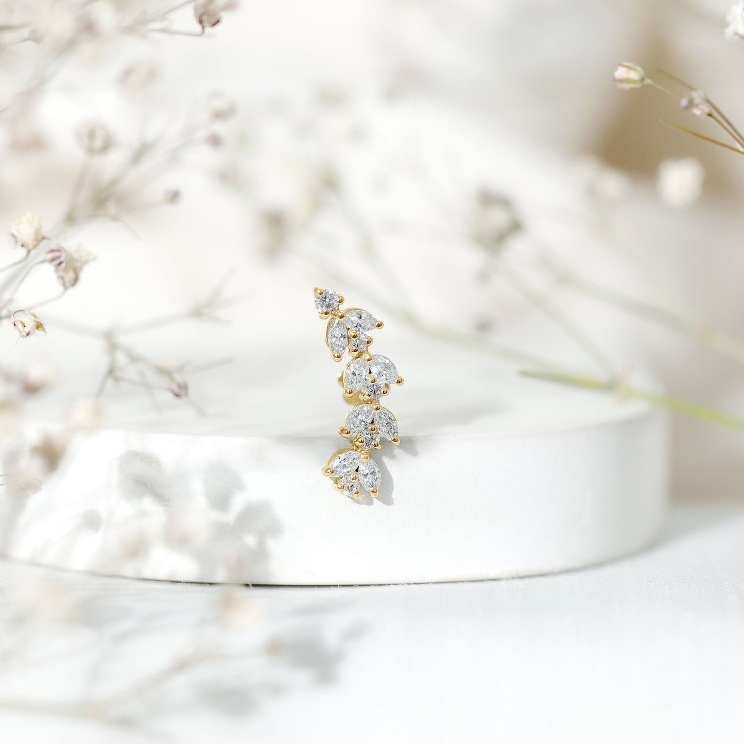 Nature Inspired Diamond Leaf Crawler Helix Earring