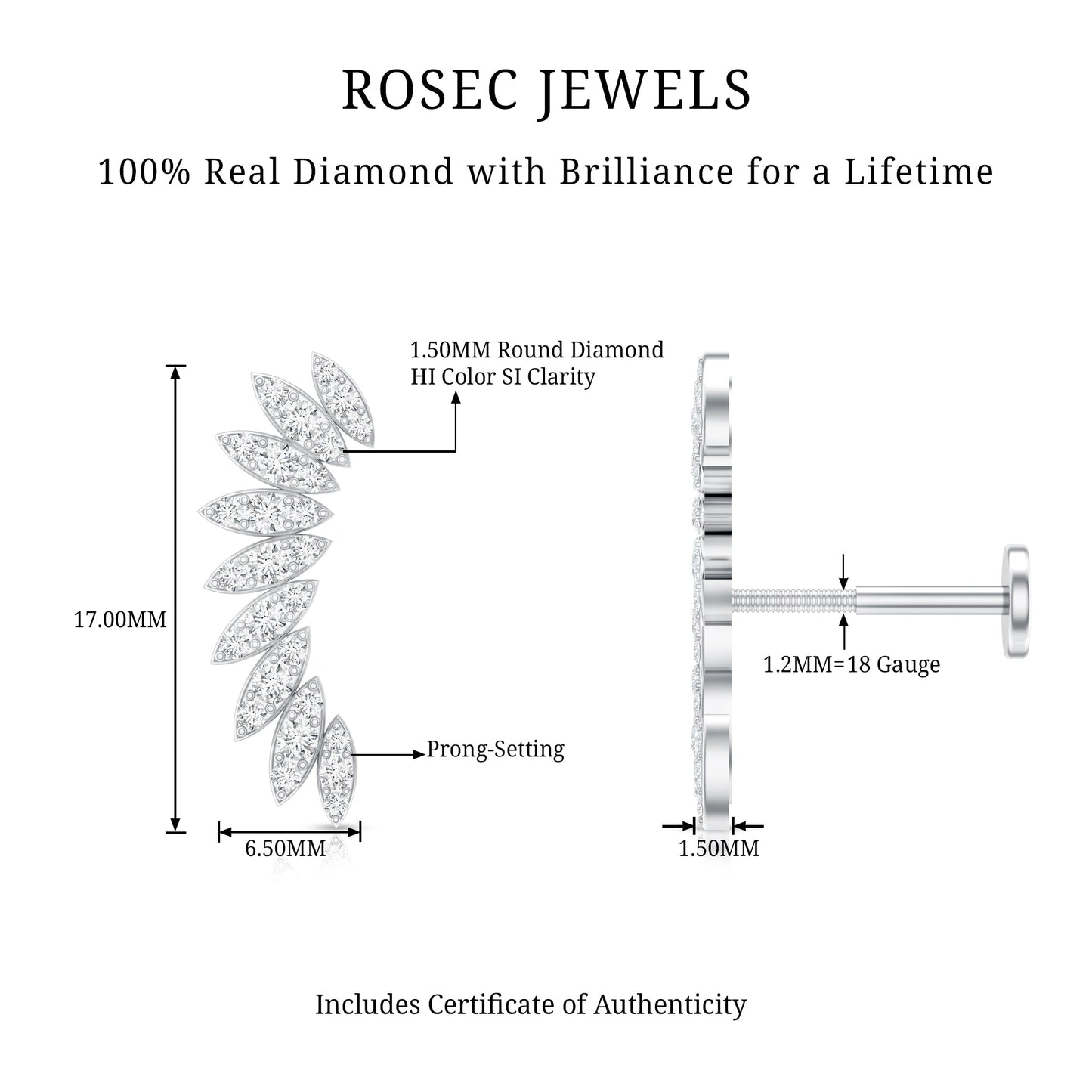 Diamond Wing Crawler Earring for Helix Piercing
