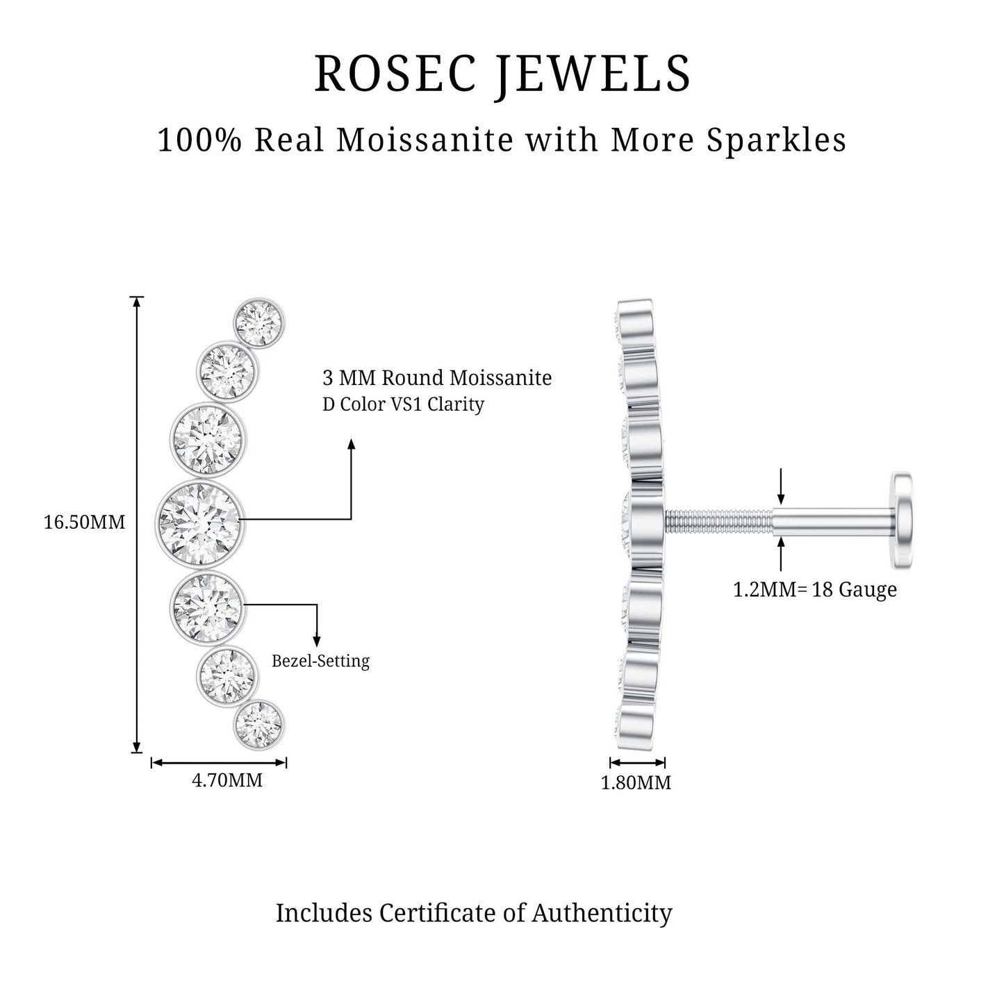 Graduated Bezel Set Moissanite Curved Crawler Earring
