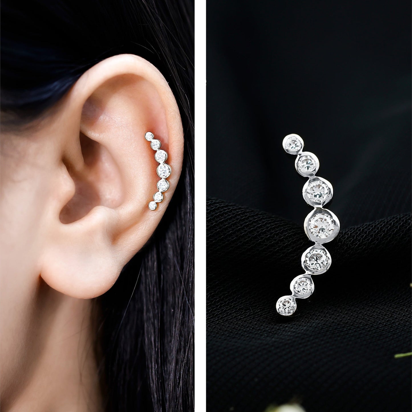 Graduated Bezel Set Moissanite Curved Crawler Earring