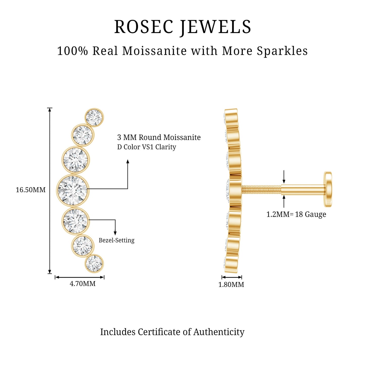 Graduated Bezel Set Moissanite Curved Crawler Earring