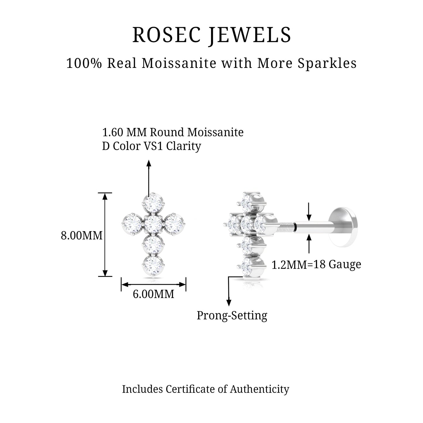 Certified Moissanite Cross Earring for Cartilage Piercing