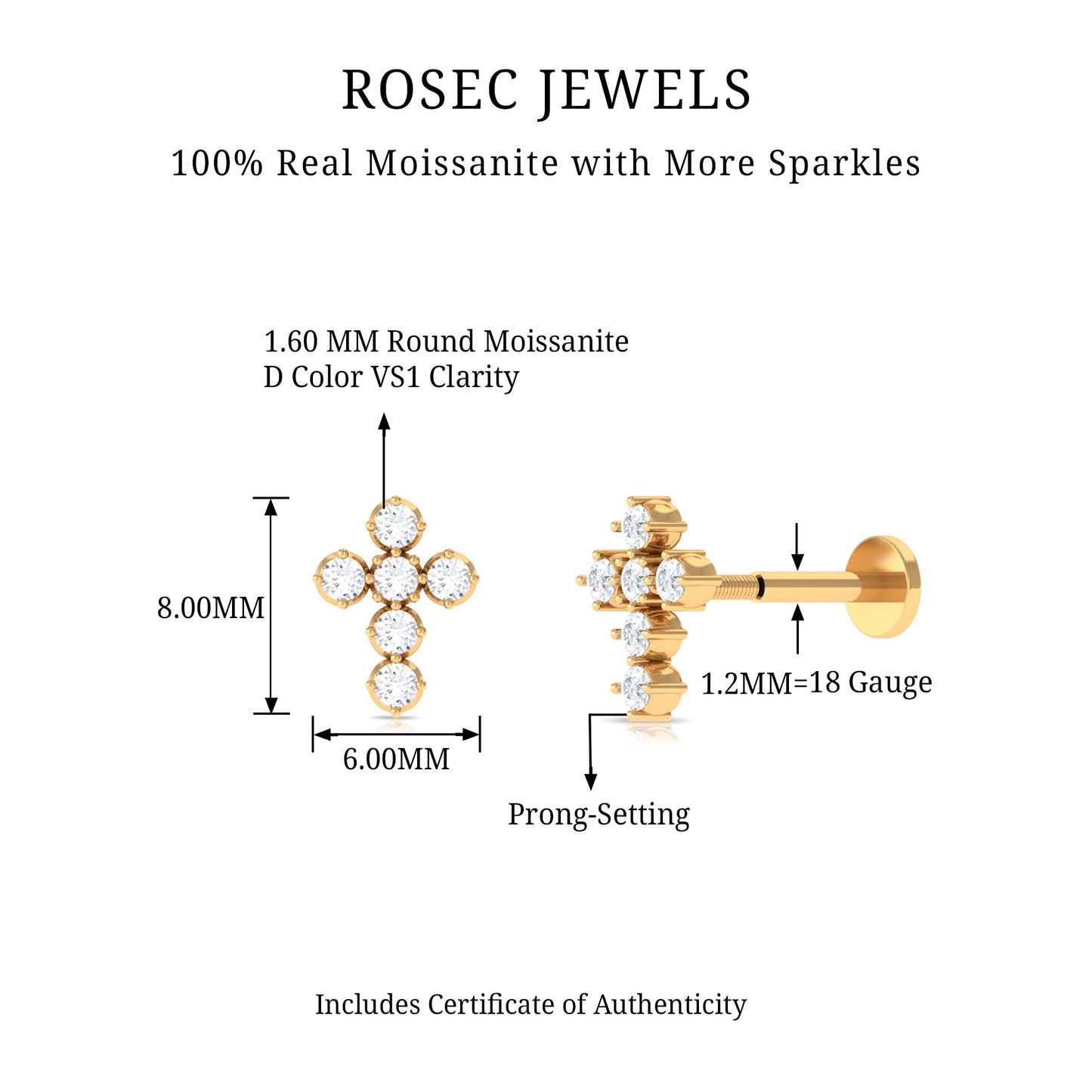 Certified Moissanite Cross Earring for Cartilage Piercing