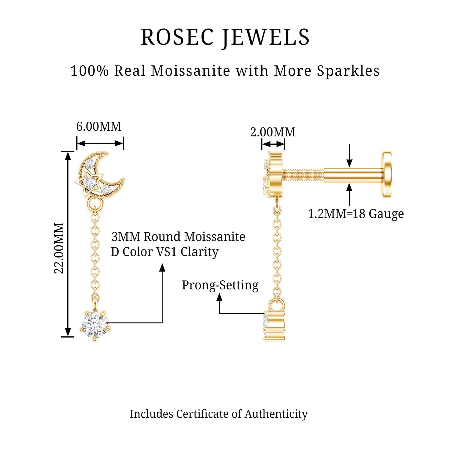 Moissanite Celestial Chain Drop Earring for Helix Piercing