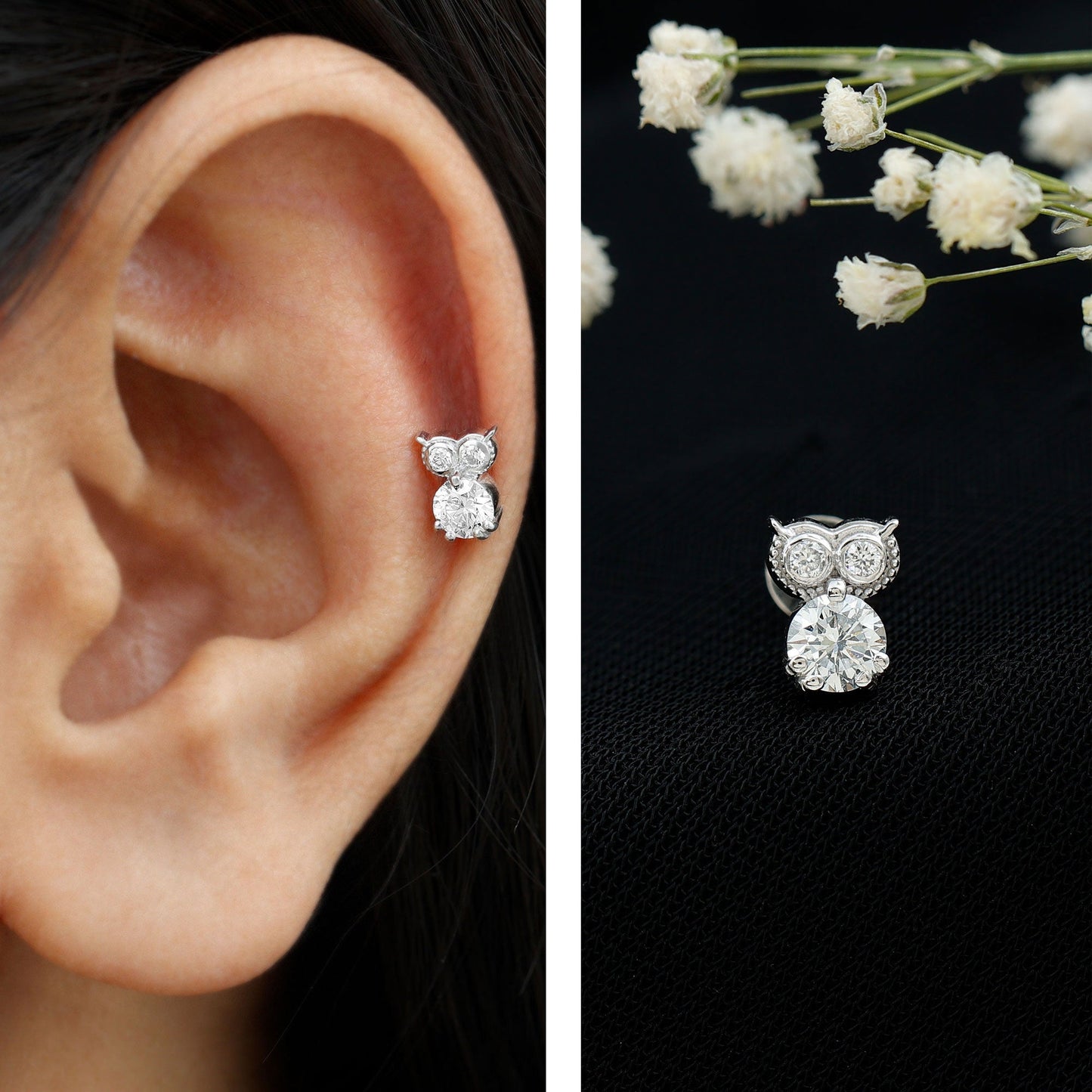 Round Cut Moissanite Owl Earring for Cartilage Piercing