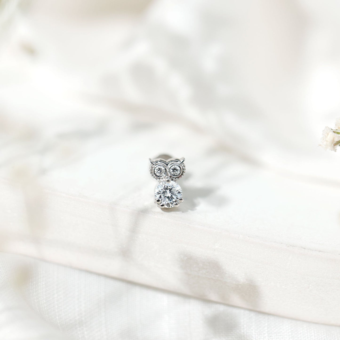 Round Cut Moissanite Owl Earring for Cartilage Piercing