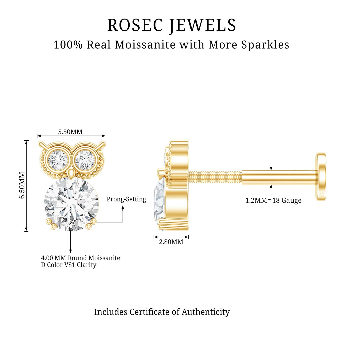 Round Cut Moissanite Owl Earring for Cartilage Piercing
