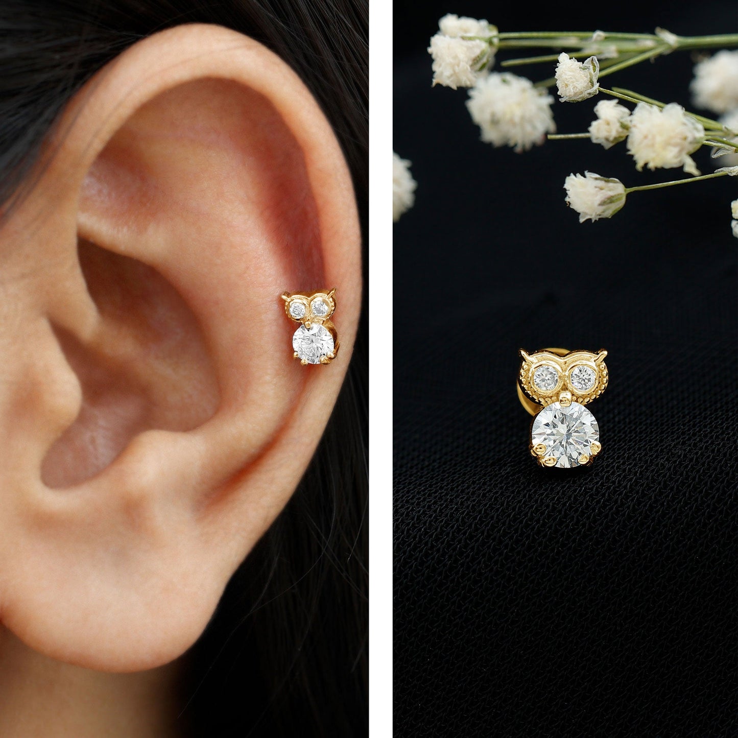Round Cut Moissanite Owl Earring for Cartilage Piercing