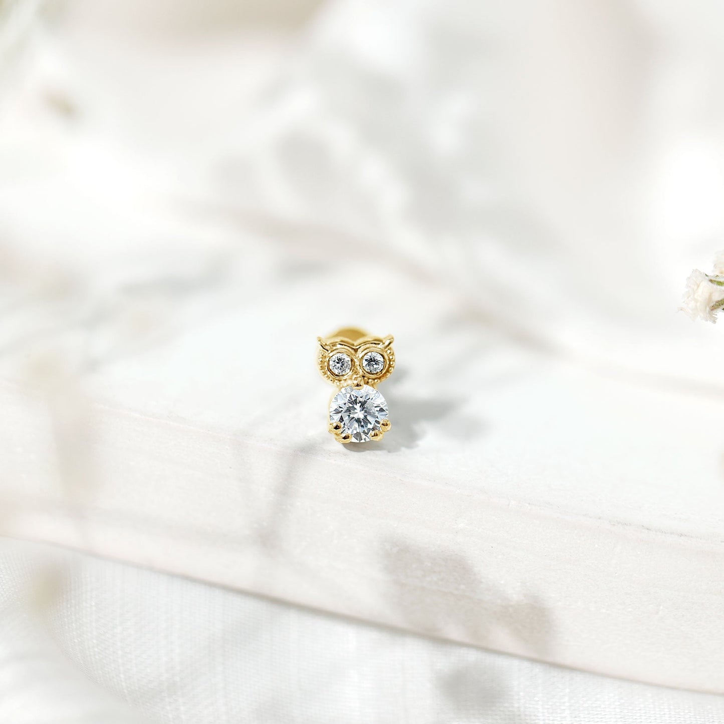 Round Cut Moissanite Owl Earring for Cartilage Piercing