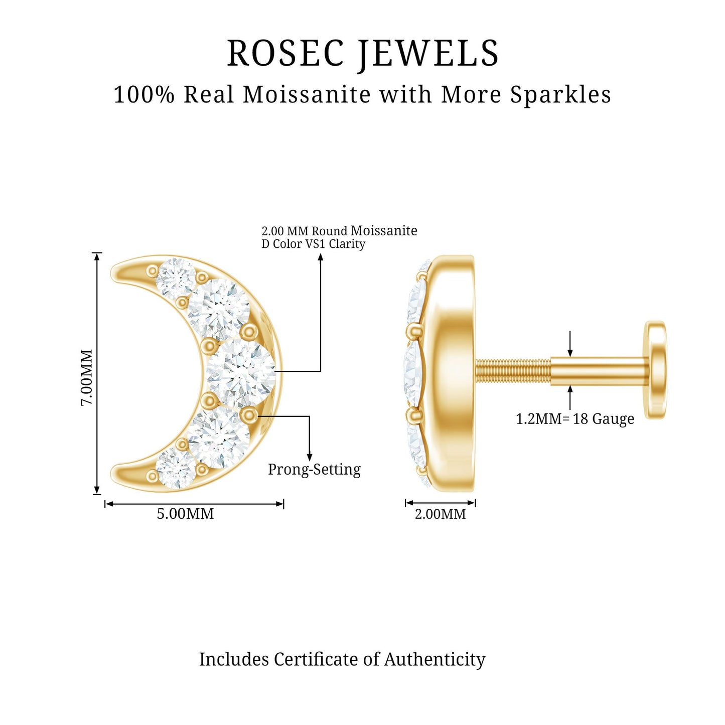 Moissanite Crescent Moon Helix Earring for Women