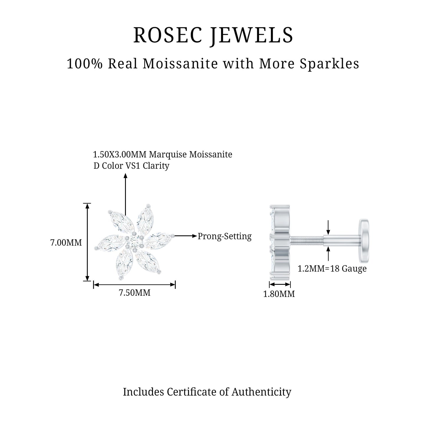 Marquise Moissanite Flower Earring for Cartilage Piercing