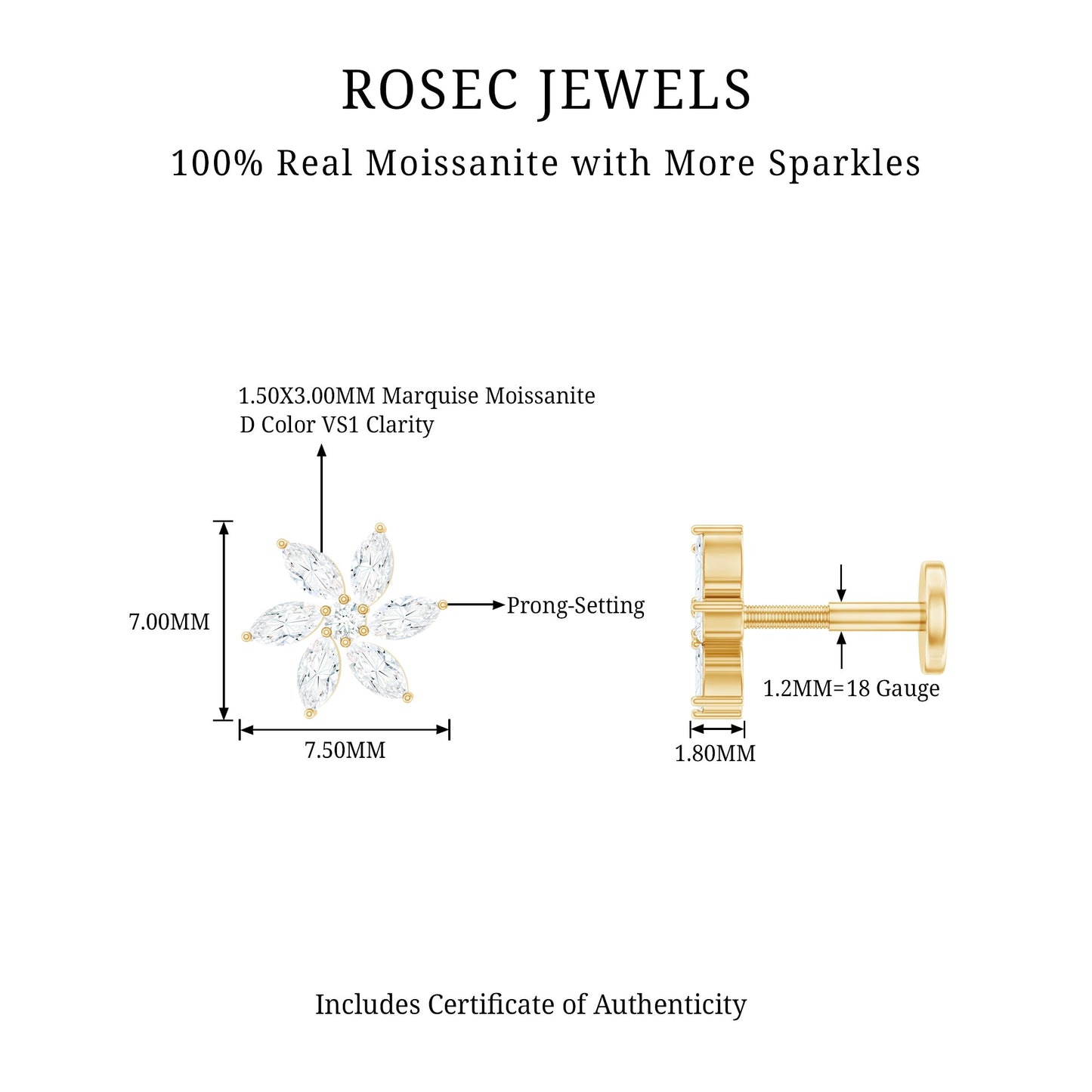 Marquise Moissanite Flower Earring for Cartilage Piercing