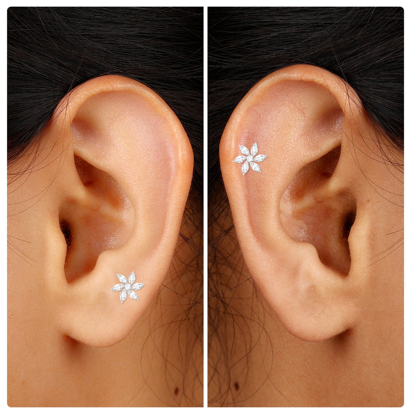 Marquise Moissanite Flower Earring for Cartilage Piercing