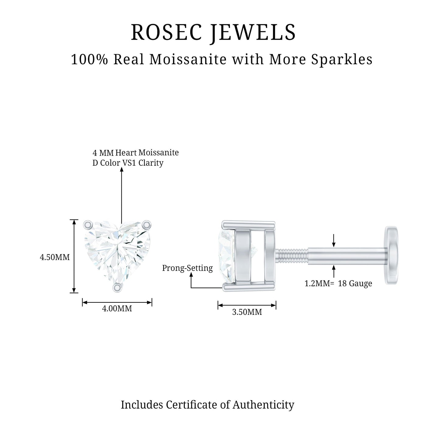 Heart Shape Moissanite Earring for Tragus Piercing