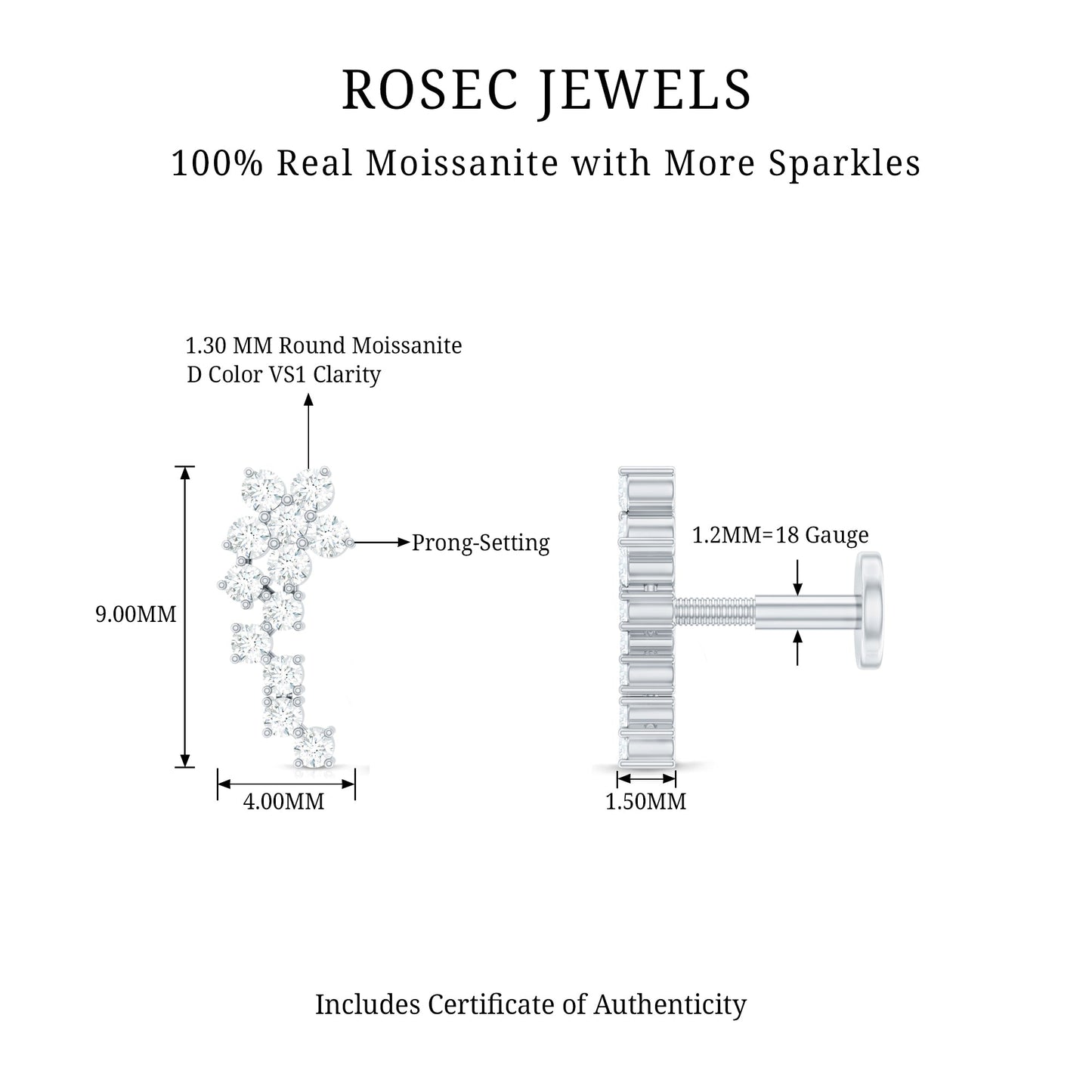 Moissanite Ear Crawler Earring for Cartilage Piercing