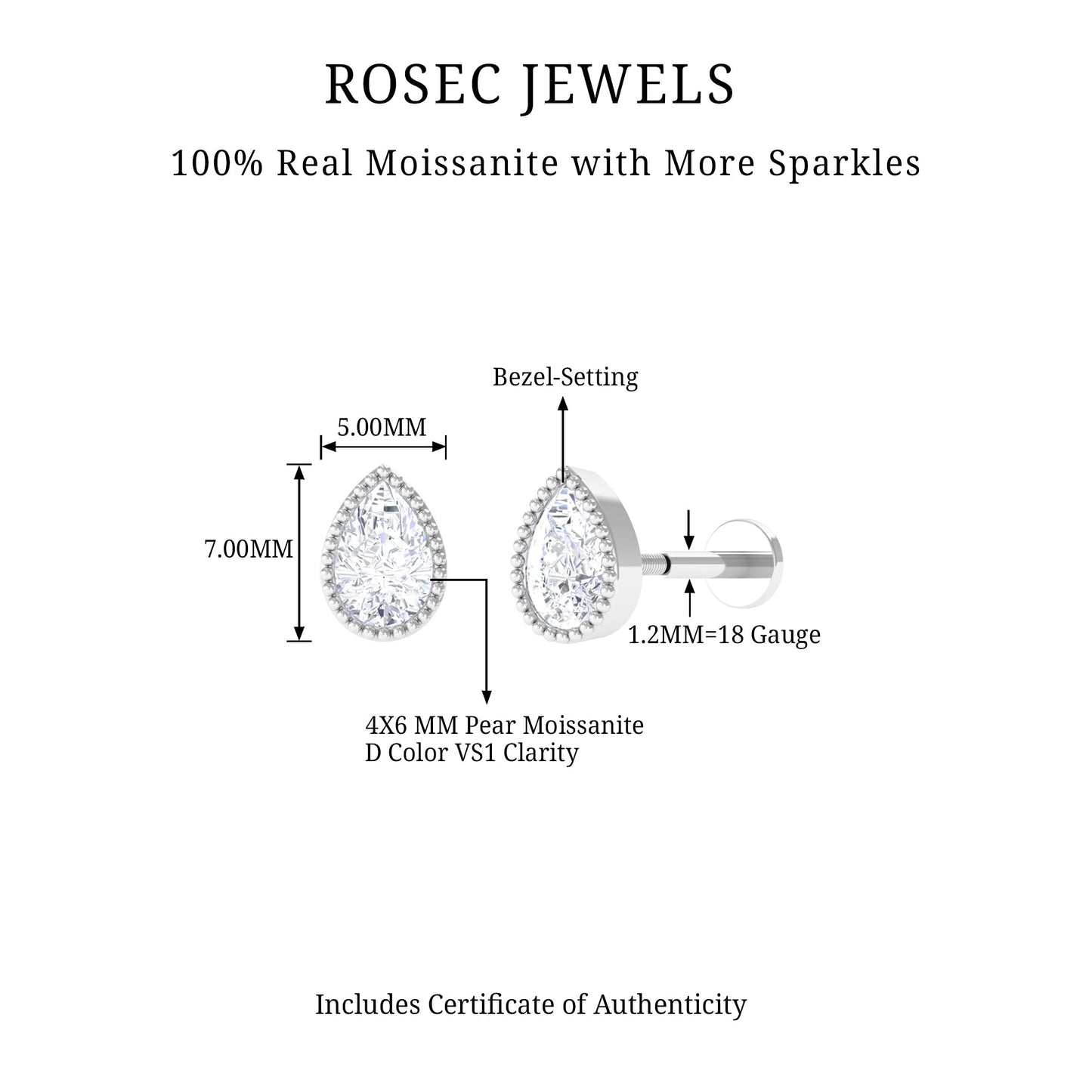 Pear Moissanite Helix Solitaire Earring in Beaded Bezel Setting