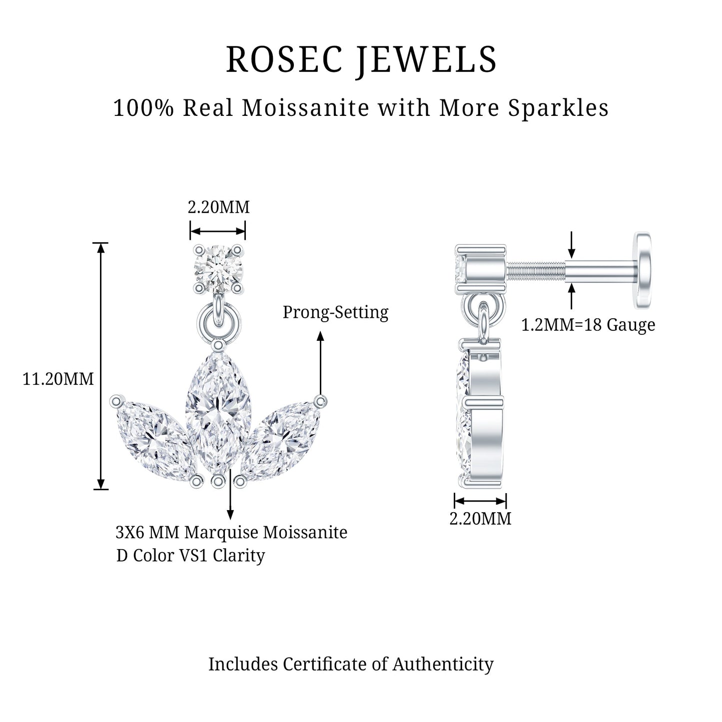 Marquise Cut Moissanite Lotus Flower Drop Helix Earring