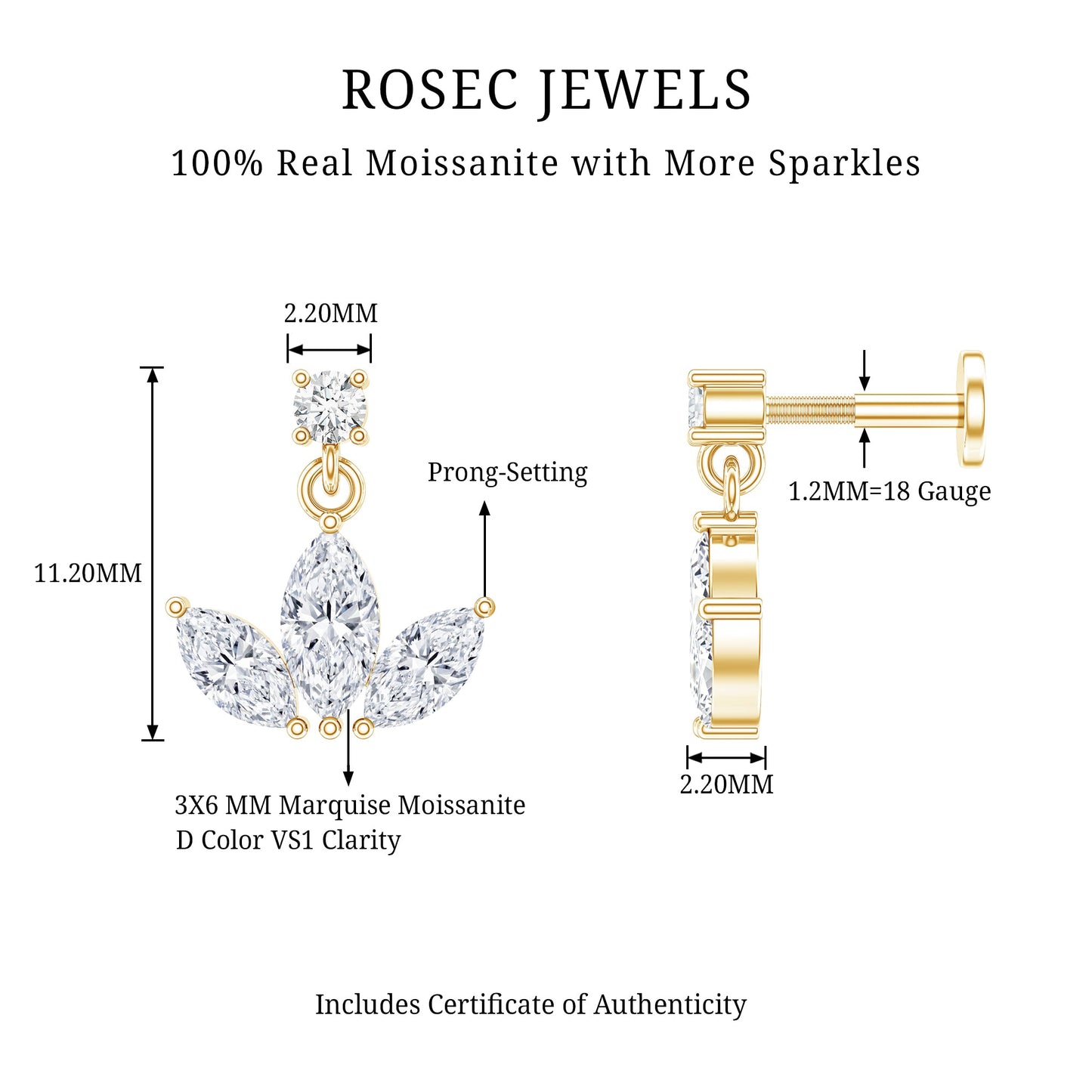 Marquise Cut Moissanite Lotus Flower Drop Helix Earring