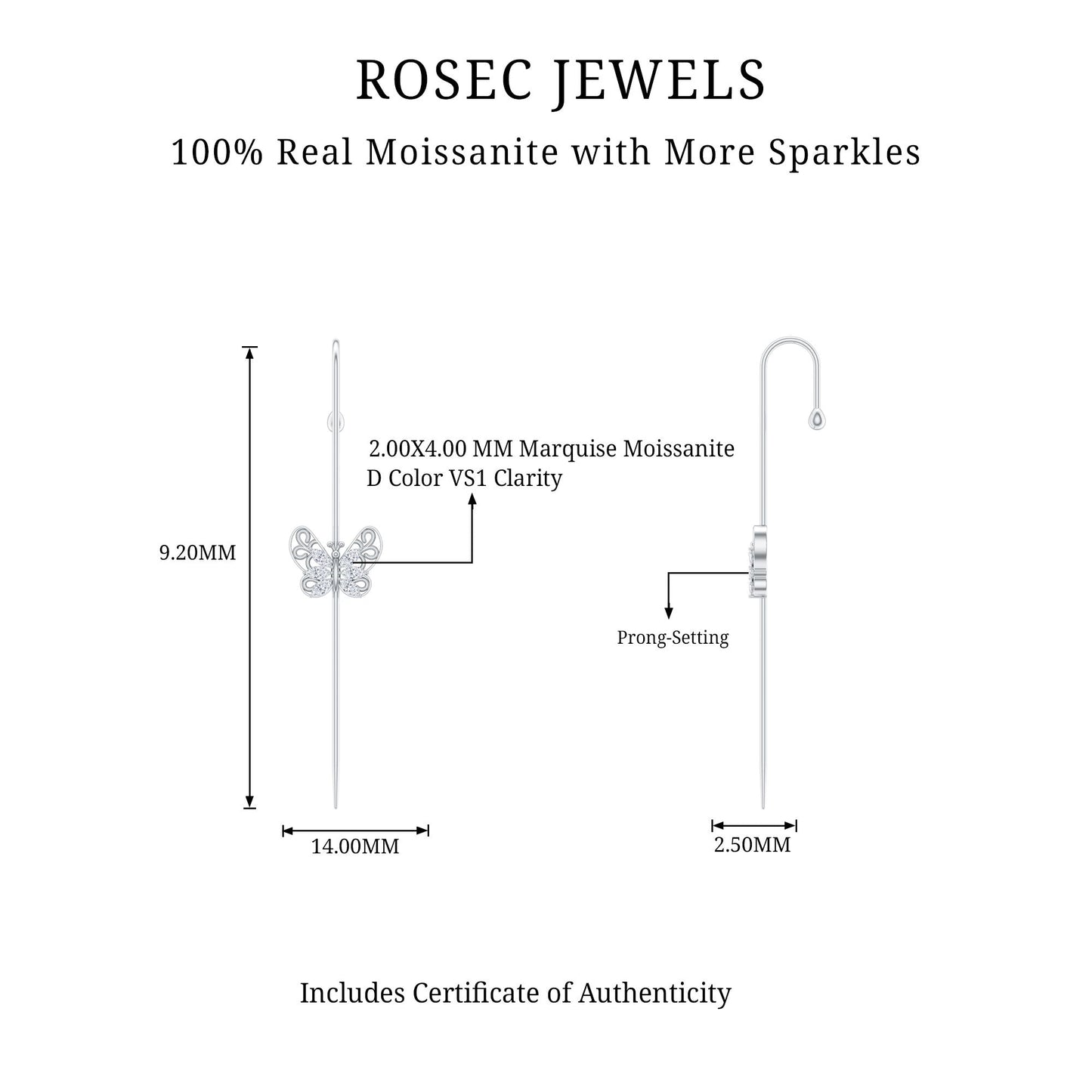 Elegant Certified Moissanite Butterfly Ear Pin Earring