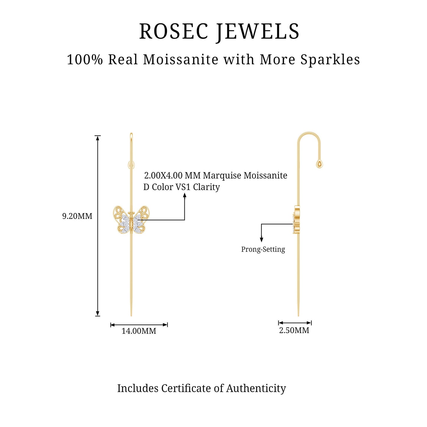 Elegant Certified Moissanite Butterfly Ear Pin Earring