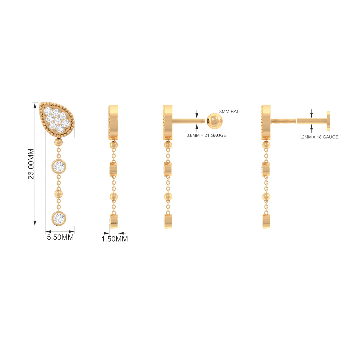 Natural Diamond Chain Dangle Earring for Cartilage Piercing