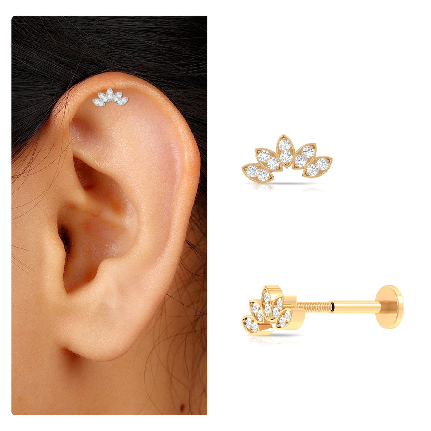 Natural Round Diamond Flower Earring for Helix Piercing