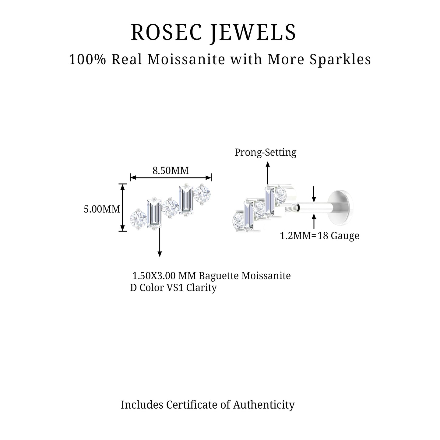 Baguette and Round Moissanite Ear Crawler Earring