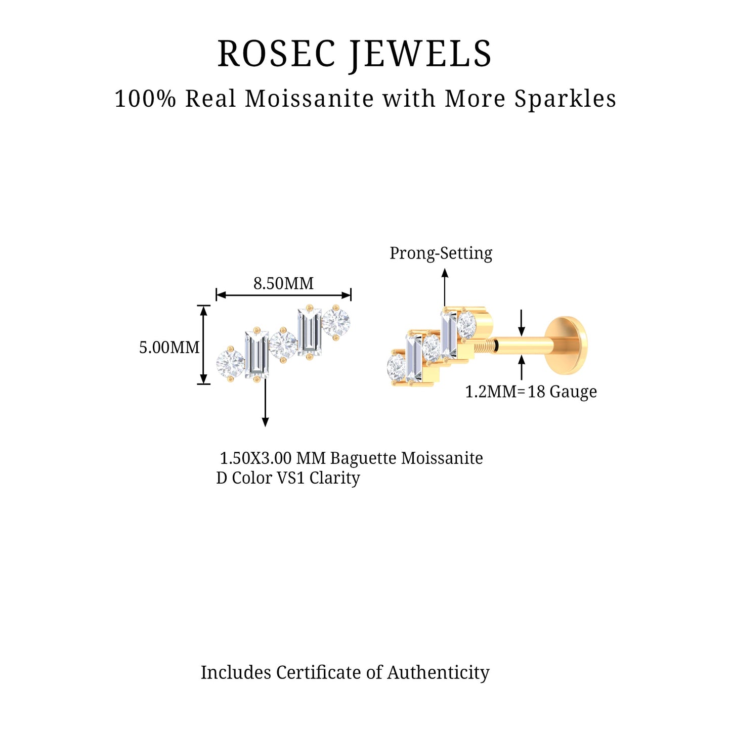 Baguette and Round Moissanite Ear Crawler Earring