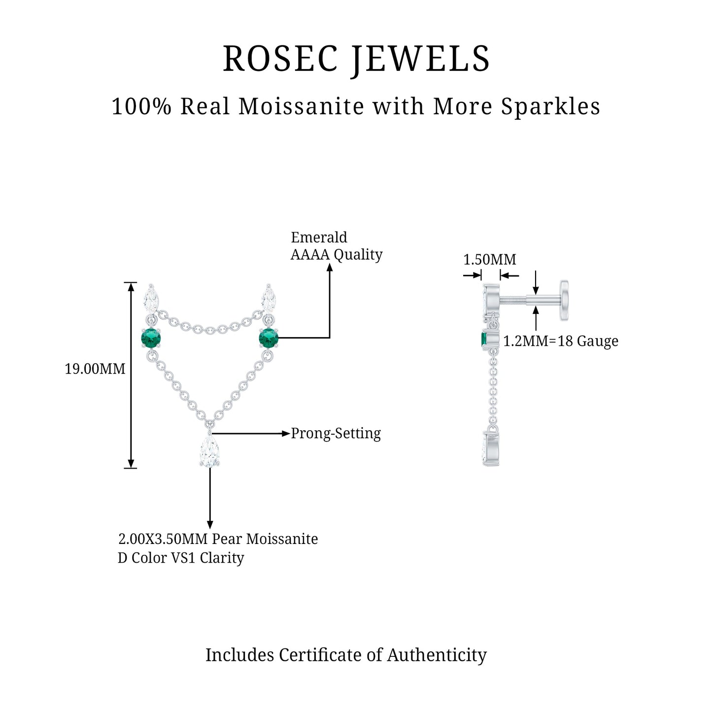 Moissanite Double Piercing Earring with Created Emerald