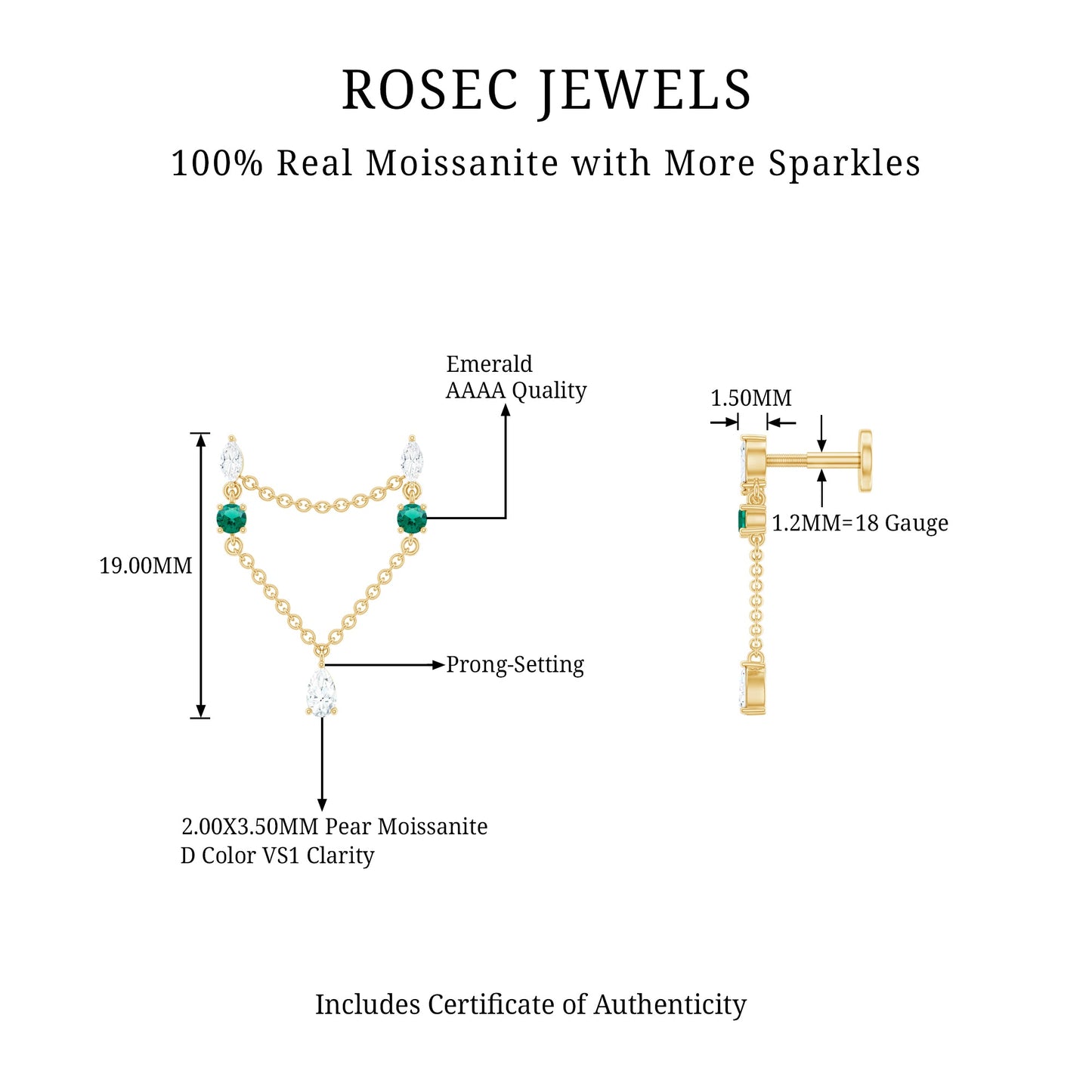 Moissanite Double Piercing Earring with Created Emerald