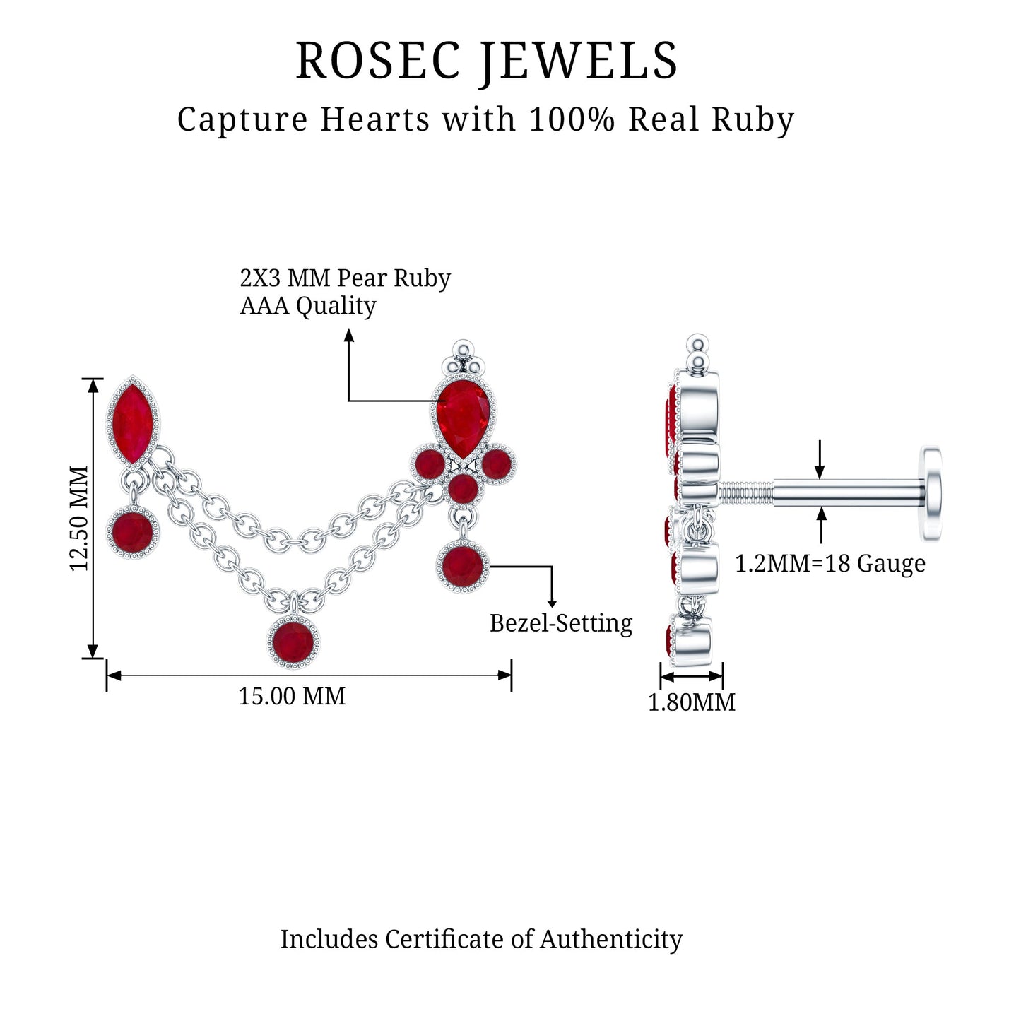 Natural Ruby Double Piercing Earring with Dangling Chain