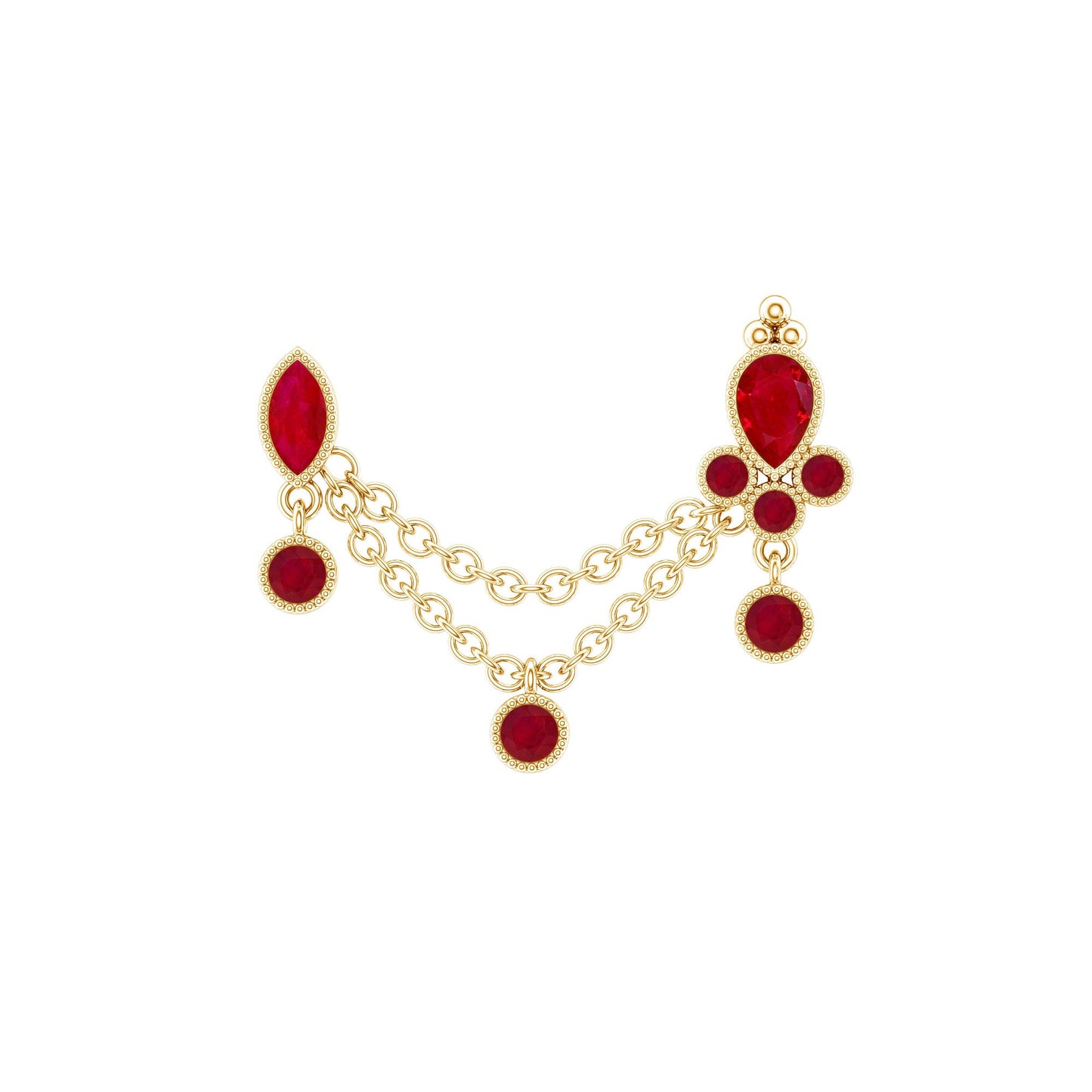 Natural Ruby Double Piercing Earring with Dangling Chain
