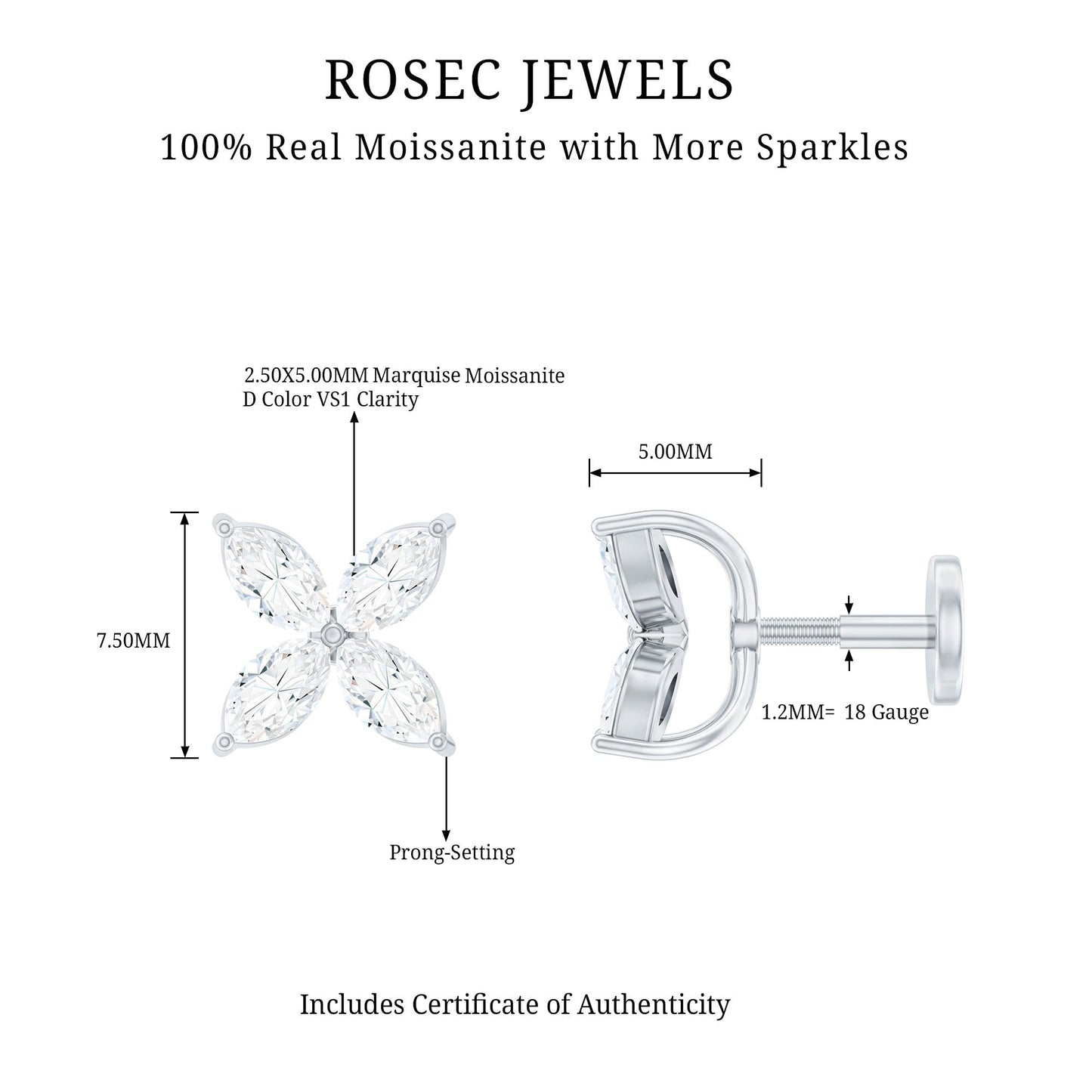 Marquise Cut Moissanite Flower Cartilage Earring