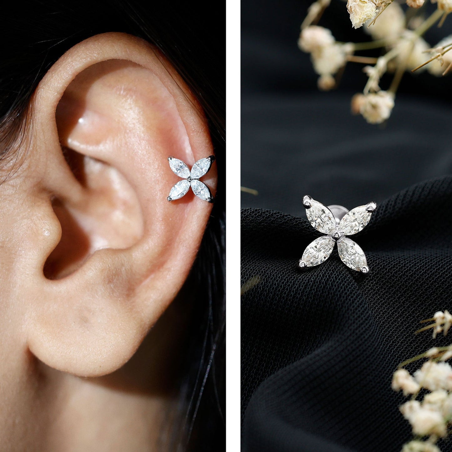 Marquise Cut Moissanite Flower Cartilage Earring