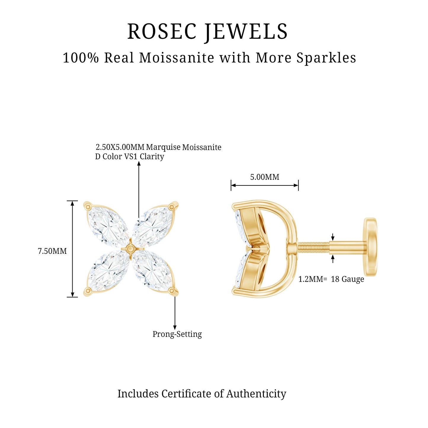 Marquise Cut Moissanite Flower Cartilage Earring