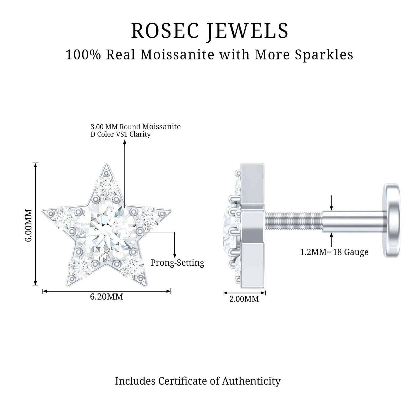 Dainty Moissanite Star Cartilage Earring with Flat Back