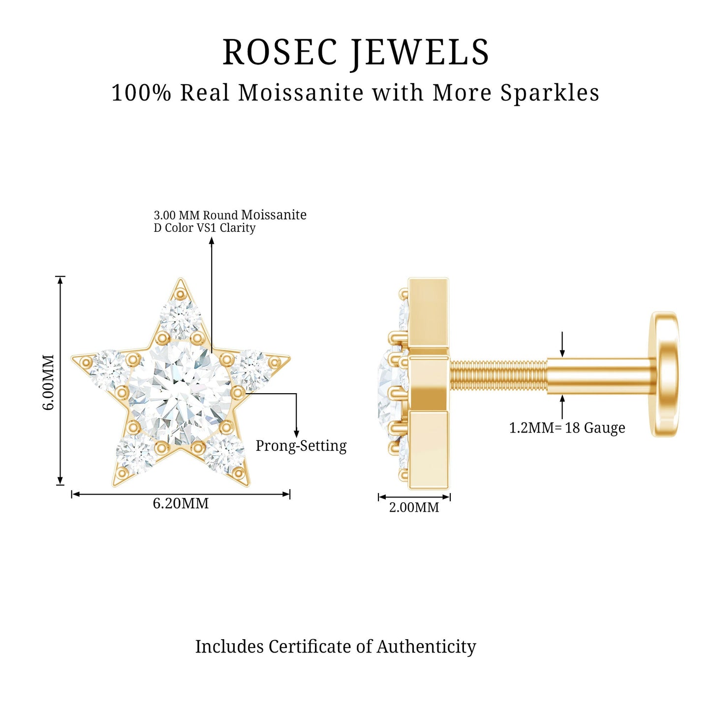 Dainty Moissanite Star Cartilage Earring with Flat Back