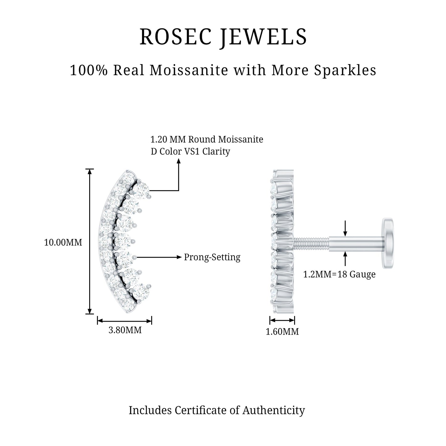 Certified Moissanite Curved Earring for Cartilage Piercing