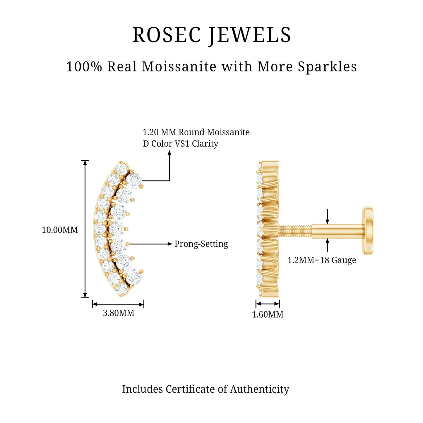 Certified Moissanite Curved Earring for Cartilage Piercing