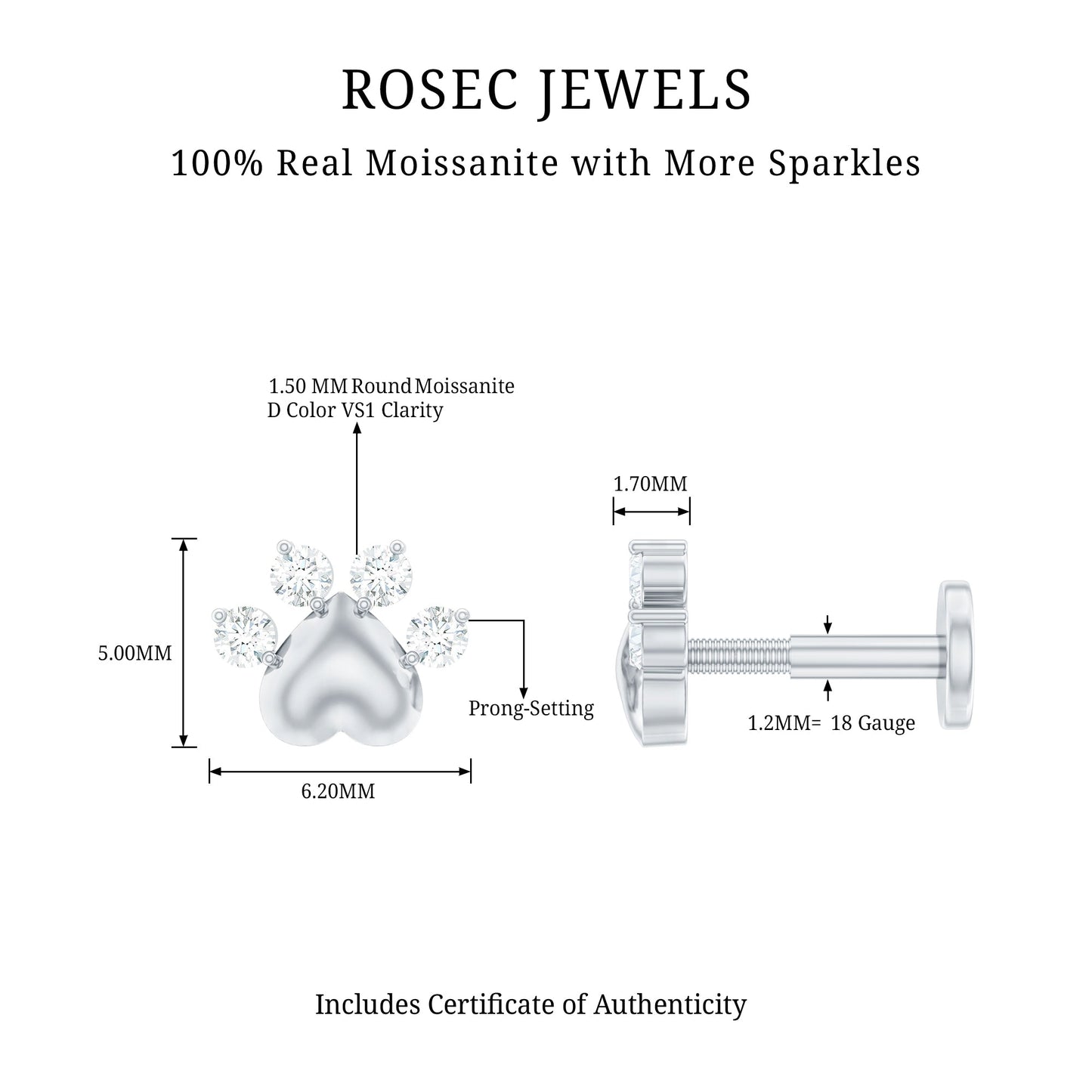 Round Moissanite Heart Paw Earring for Helix Piercing