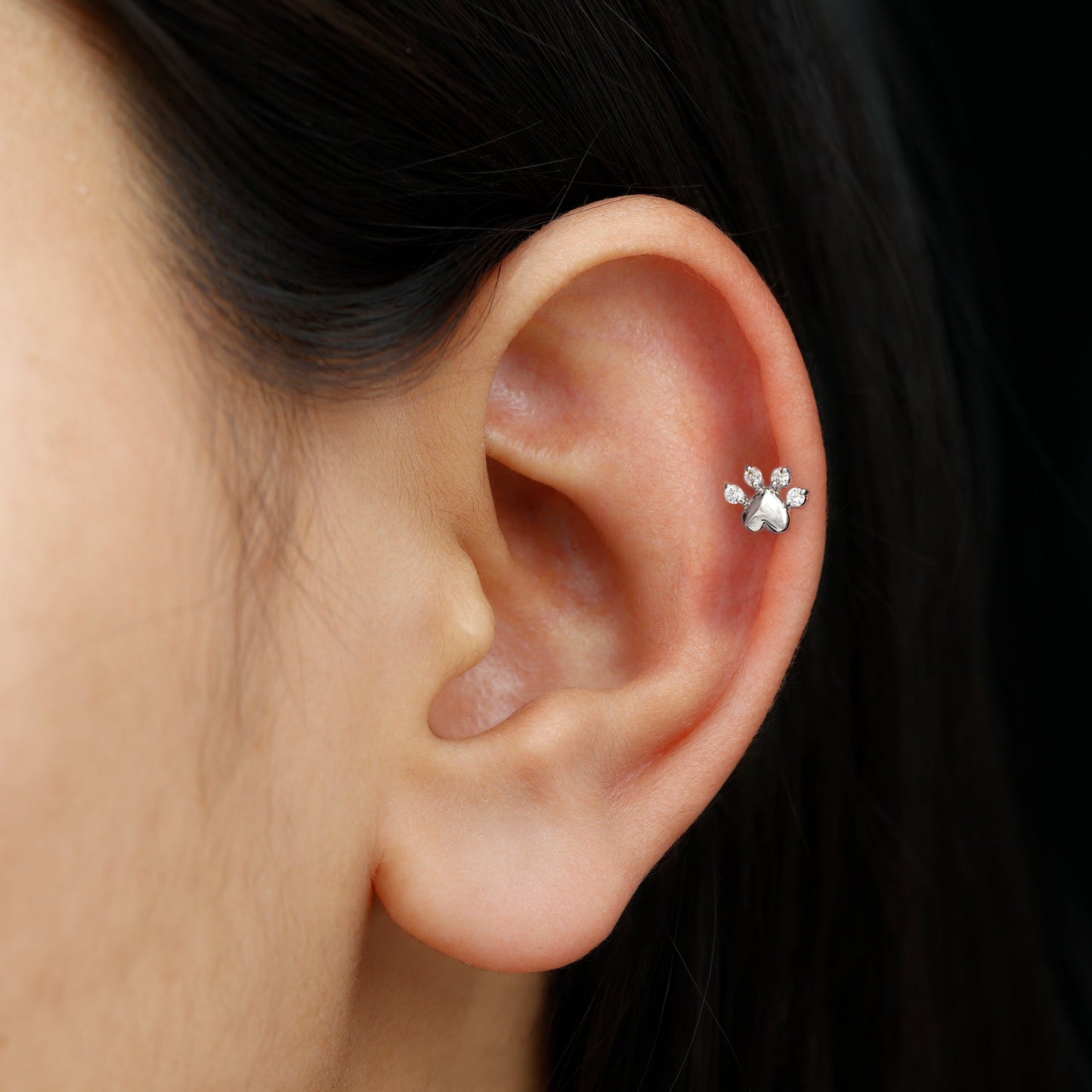 Round Moissanite Heart Paw Earring for Helix Piercing