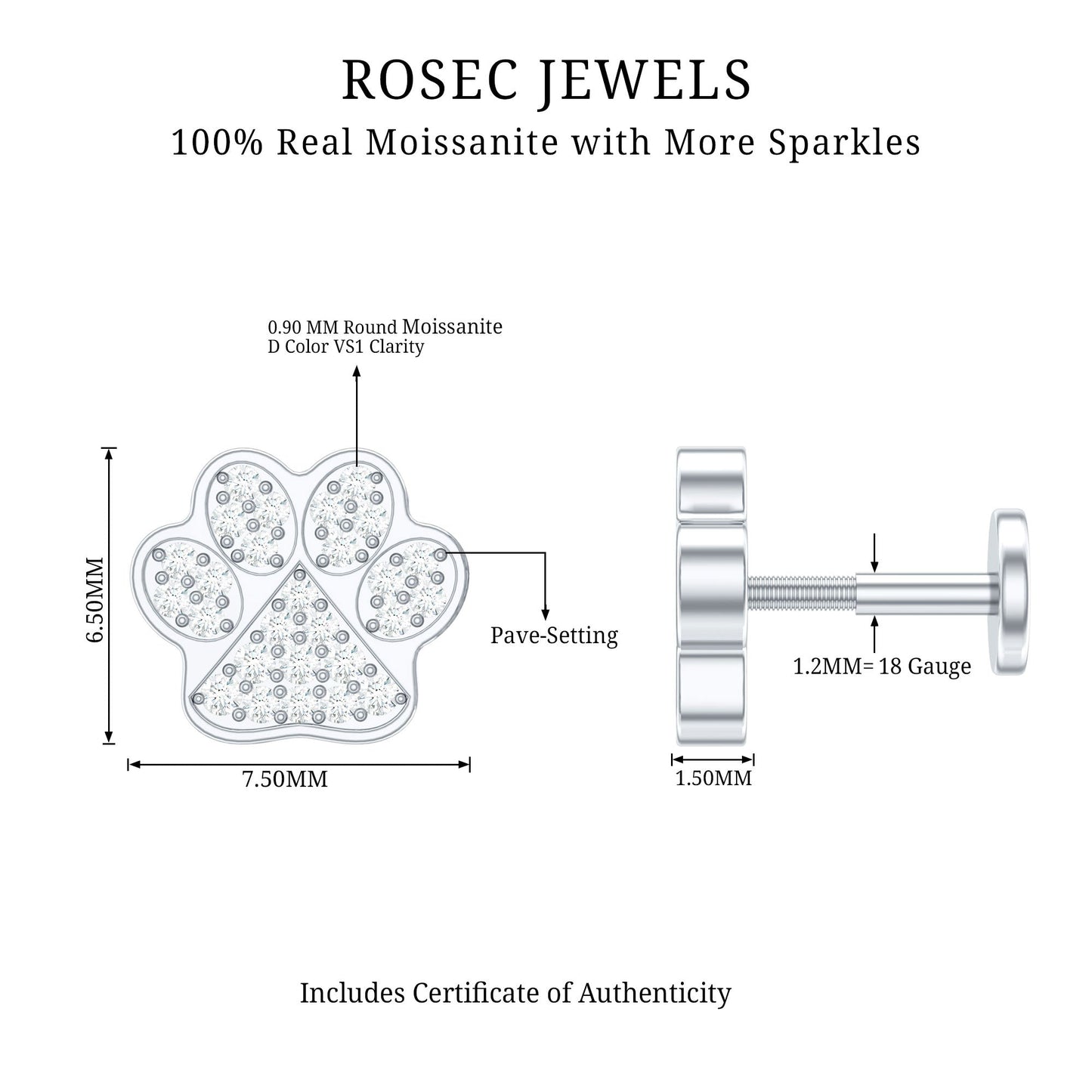 Moissanite Dog Paw Print Earring for Cartilage Piercing