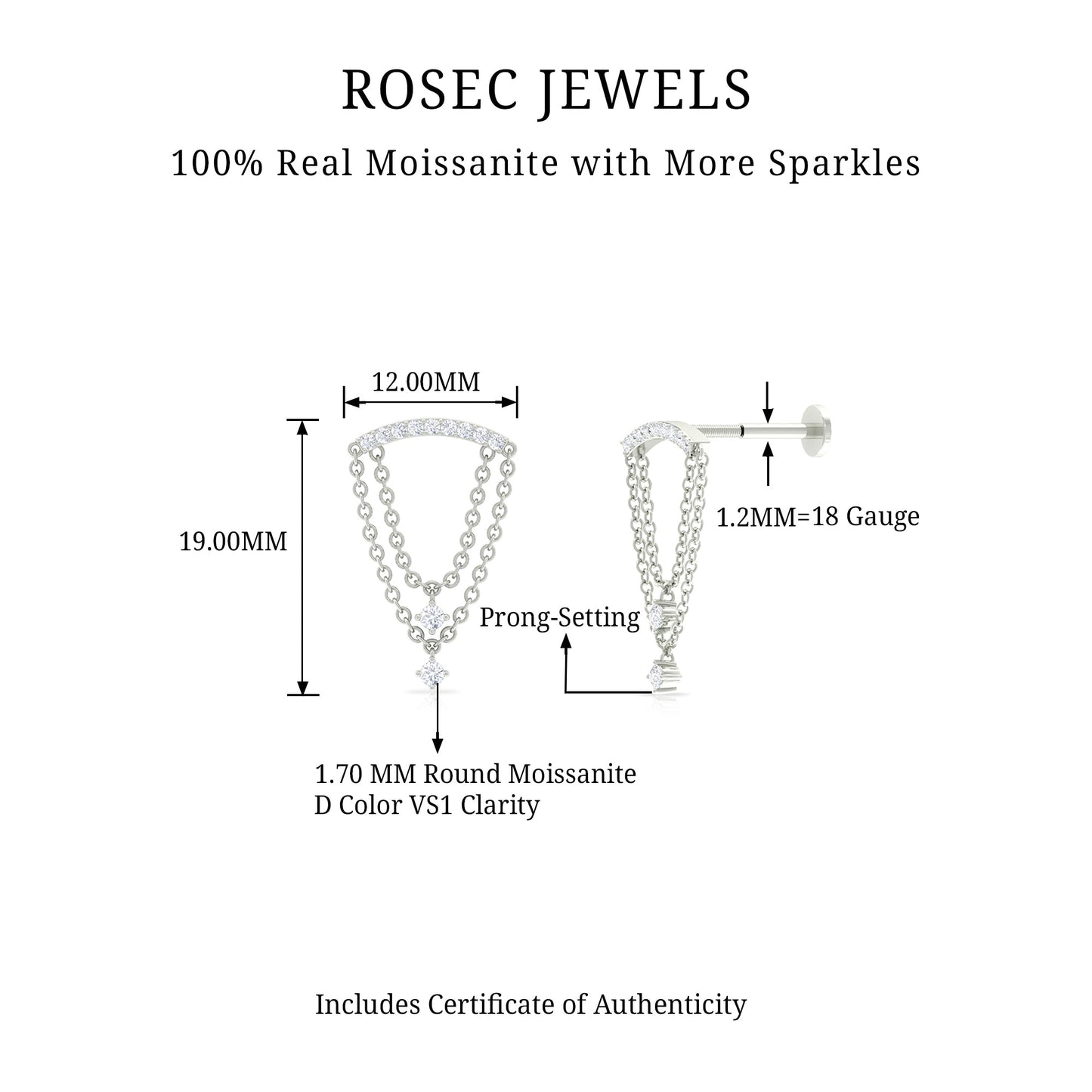 Moissanite Double Chain Dangling Earring for Cartilage Piercing