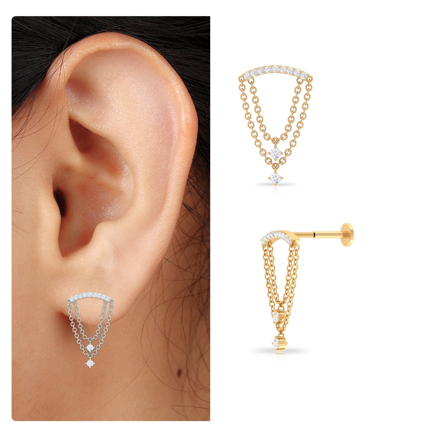 Moissanite Double Chain Dangling Earring for Cartilage Piercing