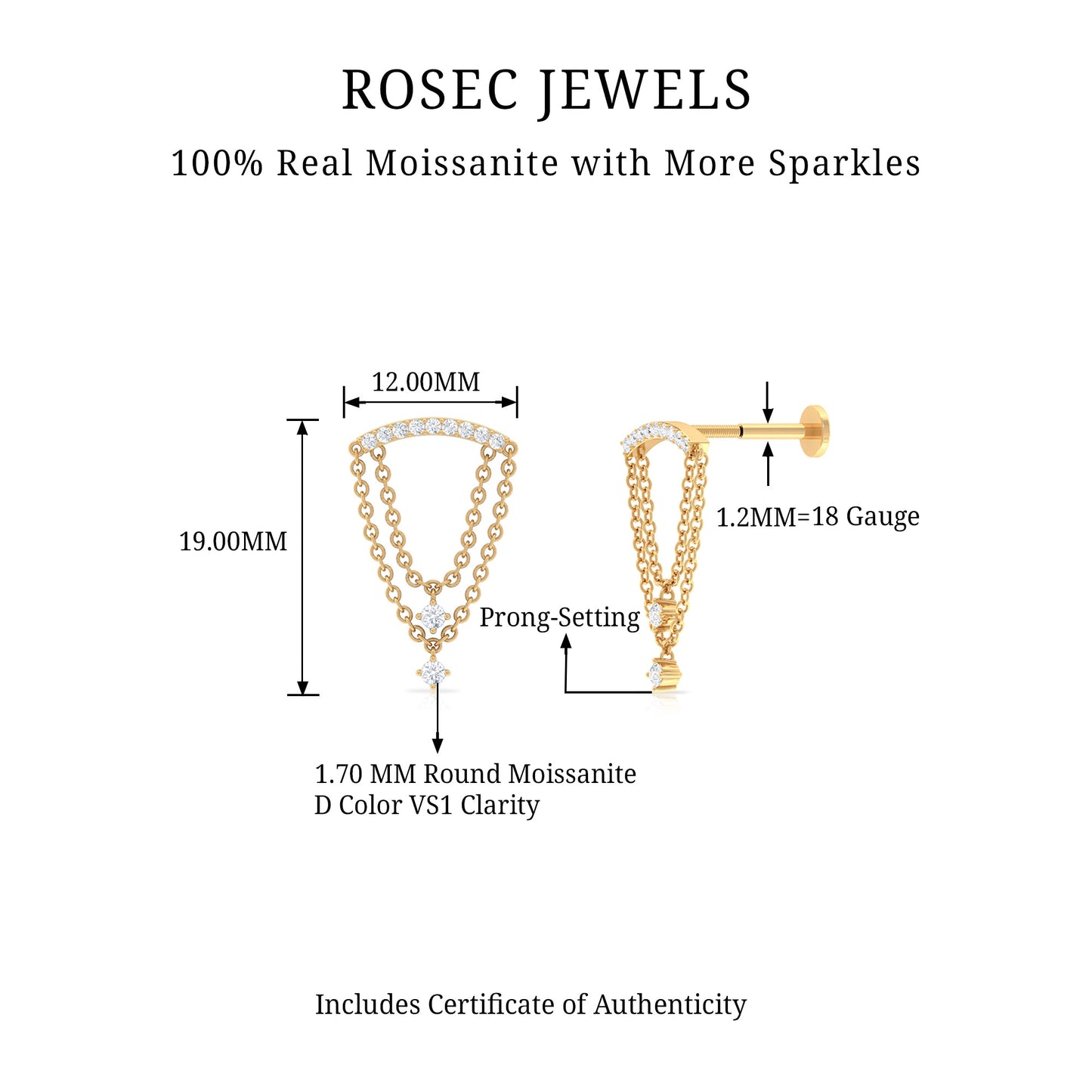 Moissanite Double Chain Dangling Earring for Cartilage Piercing