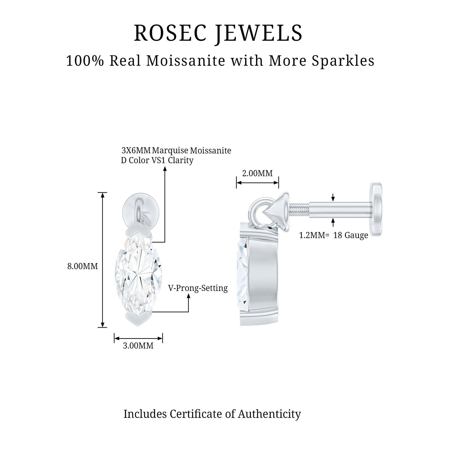 Marquise Moissanite Drop Earring for Tragus Piercing