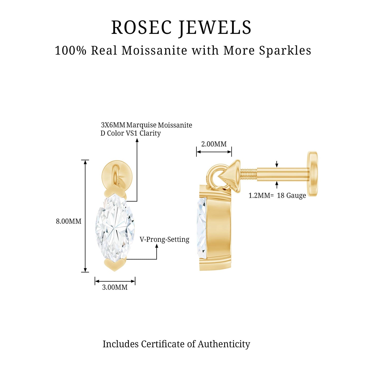 Marquise Moissanite Drop Earring for Tragus Piercing