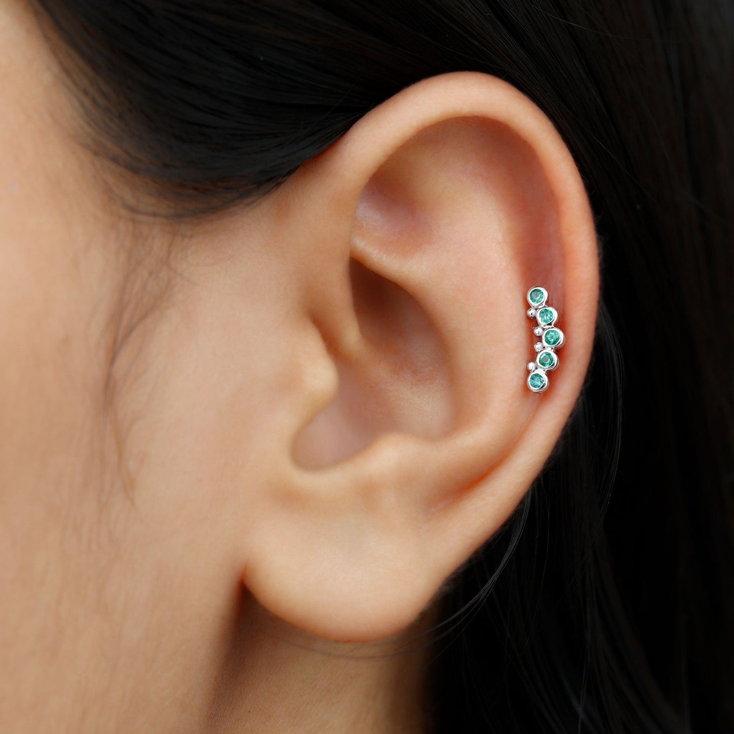 Natural Emerald Curved Climber Earring for Helix Piercing