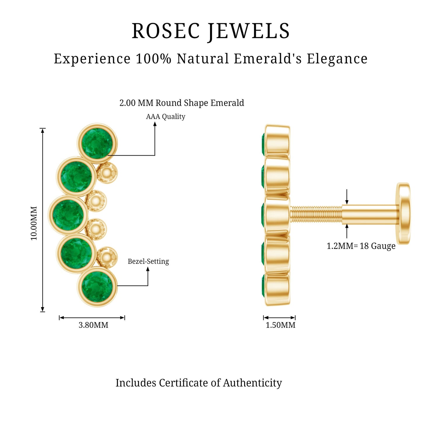 Natural Emerald Curved Climber Earring for Helix Piercing