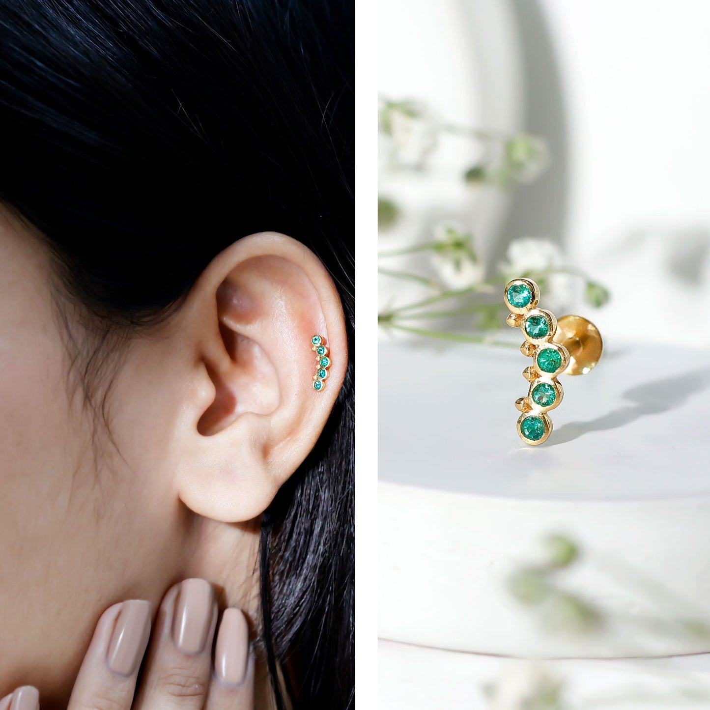 Natural Emerald Curved Climber Earring for Helix Piercing